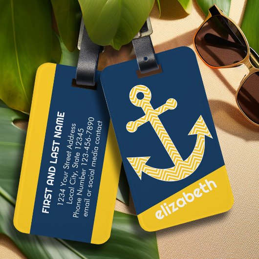 Nautisch anker met Navy Yellow Chevron Pattern Bagagelabel