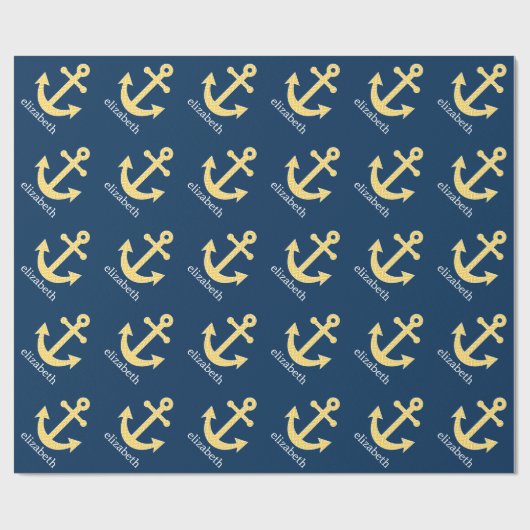 Nautisch anker met Navy Yellow Chevron Pattern Cadeaupapier (Vlak)