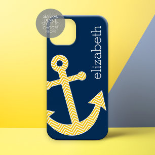 Nautisch anker met Navy Yellow Chevron Pattern iPhone 15 Case
