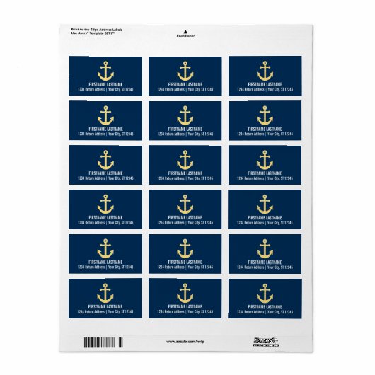 Nautisch anker met Navy Yellow Chevron Pattern Etiket (Full Sheet)