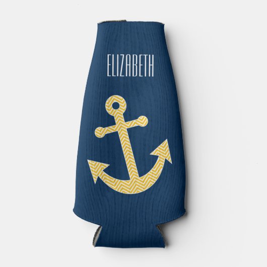 Nautisch anker met Navy Yellow Chevron Pattern Flesjeskoeler (Voorkant)