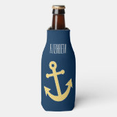 Nautisch anker met Navy Yellow Chevron Pattern Flesjeskoeler (Fles Voorkant)