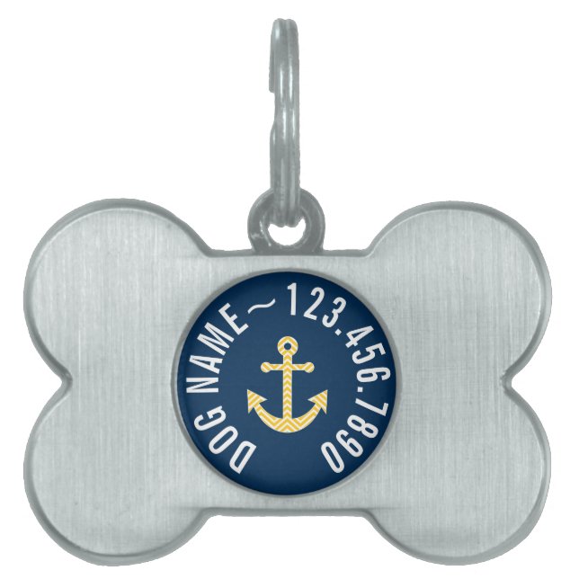 Nautisch anker met Navy Yellow Chevron Pattern Huisdieren Naamplaatje (voorkant)