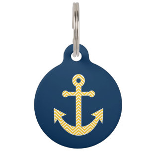 Nautisch anker met Navy Yellow Chevron Pattern Huisdierpenning