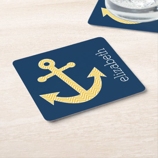Nautisch anker met Navy Yellow Chevron Pattern Kartonnen Onderzetters (Schuin)