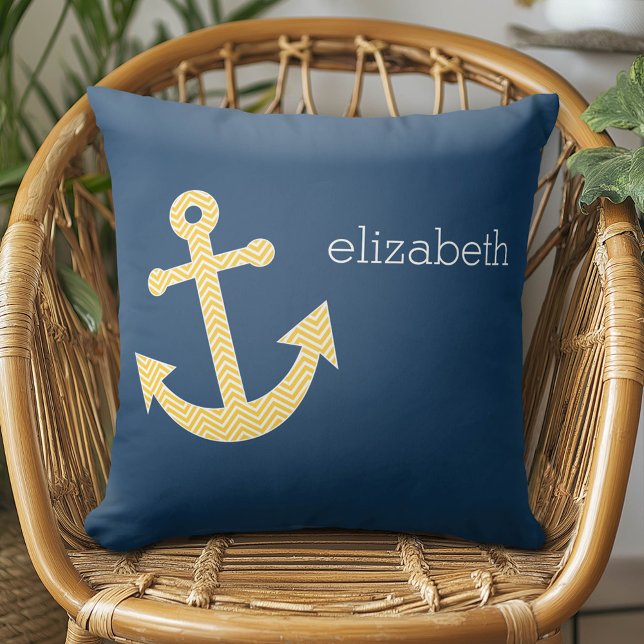 Nautisch anker met Navy Yellow Chevron Pattern Kussen (Custom Pillow)