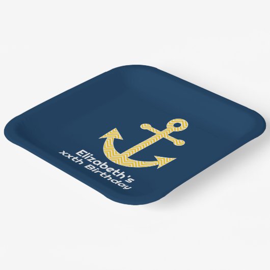 Nautisch anker met Navy Yellow Chevron Pattern Papieren Bordje (Gebogen)