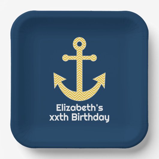 Nautisch anker met Navy Yellow Chevron Pattern Papieren Bordje (Voorkant)