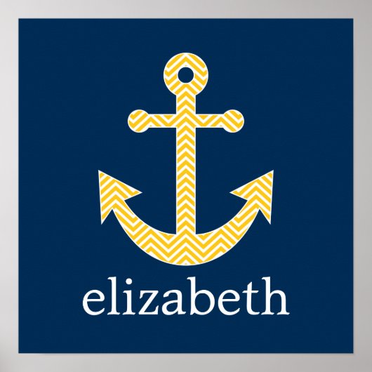 Nautisch anker met Navy Yellow Chevron Pattern Poster (Voorkant)