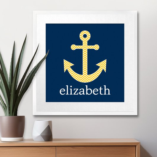 Nautisch anker met Navy Yellow Chevron Pattern Poster