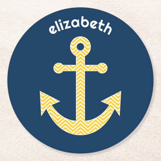 Nautisch anker met Navy Yellow Chevron Pattern Ronde Kartonnen Onderzetter (Voorkant)
