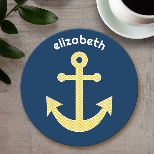 Nautisch anker met Navy Yellow Chevron Pattern Ronde Kartonnen Onderzetter