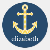 Nautisch anker met Navy Yellow Chevron Pattern Ronde Sticker (Voorkant)