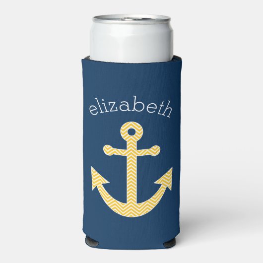 Nautisch anker met Navy Yellow Chevron Pattern Seltzer Blikjeskoeler (Seltzer Voorkant)