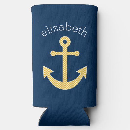Nautisch anker met Navy Yellow Chevron Pattern Seltzer Blikjeskoeler (Achterkant)