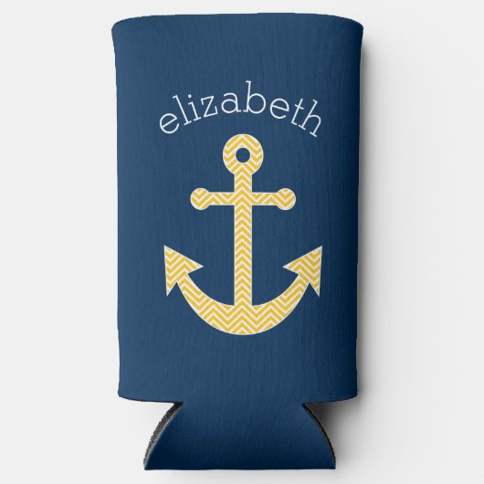 Nautisch anker met Navy Yellow Chevron Pattern Seltzer Blikjeskoeler (Voorkant)