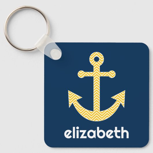 Nautisch anker met Navy Yellow Chevron Pattern Sleutelhanger (Voorkant)
