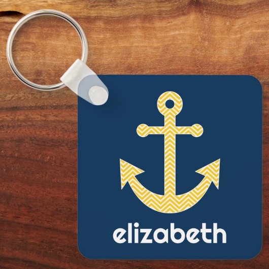 Nautisch anker met Navy Yellow Chevron Pattern Sleutelhanger (Voorkant)