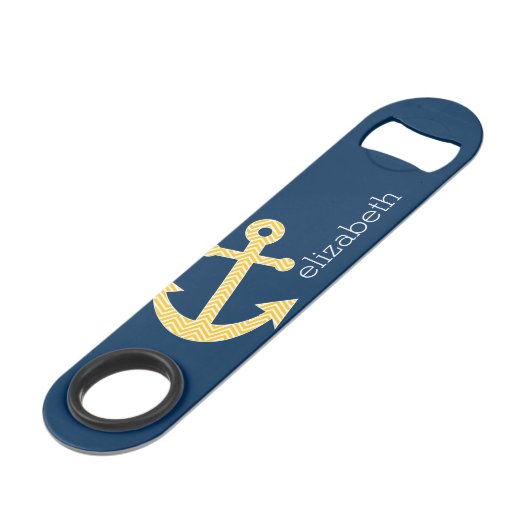 Nautisch anker met Navy Yellow Chevron Pattern Speed Flessenopener (Voorkant Gekanteld)