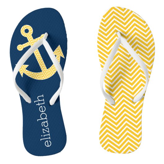 Nautisch anker met Navy Yellow Chevron Pattern Teenslippers (Voetbed)