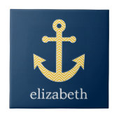 Nautisch anker met Navy Yellow Chevron Pattern Tegeltje (Voorkant)