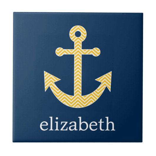 Nautisch anker met Navy Yellow Chevron Pattern Tegeltje (Voorkant)