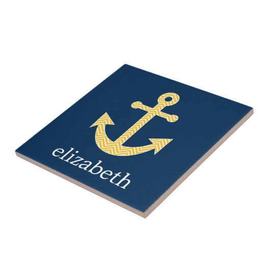 Nautisch anker met Navy Yellow Chevron Pattern Tegeltje (Zijkant)