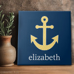 Nautisch anker met Navy Yellow Chevron Pattern Tegeltje<br><div class="desc">Trendy en Preppy Patronen - Een klassiek en elegant ontwerp met chevrons en een gebied om jouw naam of monogram toe te voegen.</div>