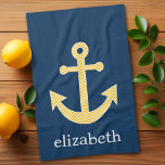 Nautisch anker met Navy Yellow Chevron Pattern Theedoek<br><div class="desc">Trendy en Preppy Patronen - Een klassiek en elegant ontwerp met chevrons en een gebied om jouw naam of monogram toe te voegen.</div>