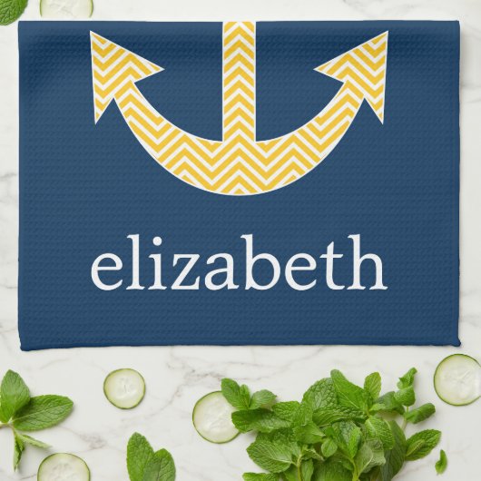 Nautisch anker met Navy Yellow Chevron Pattern Theedoek (Gevouwen)