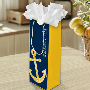 Nautisch anker met Navy Yellow Chevron Pattern Wijn Cadeautas