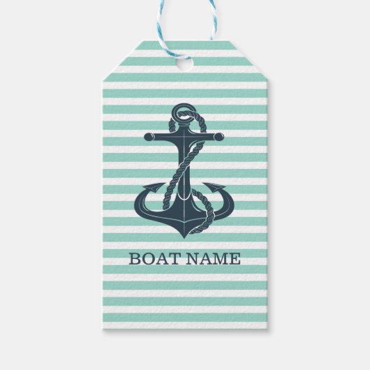 Nautisch, Anker, Mint Green Stripes Cadeaulabel (Voorkant)