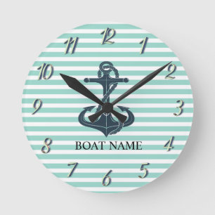 Nautisch, Anker, Mint Green Stripes Ronde Klok