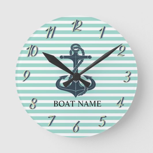 Nautisch, Anker, Mint Green Stripes Ronde Klok (Voorkant)