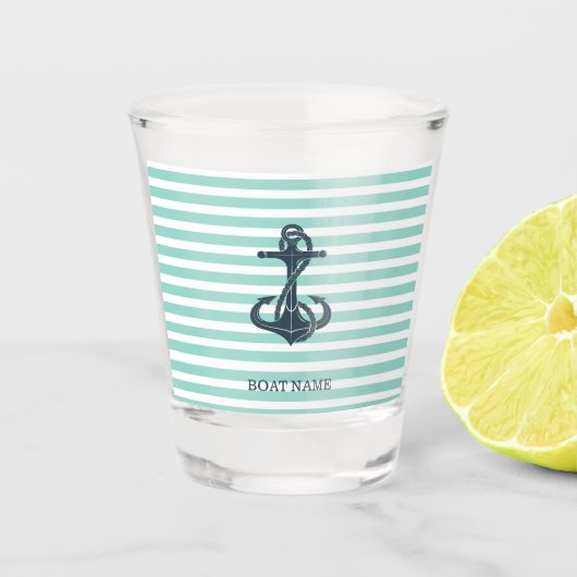 Nautisch, Anker, Mint Green Stripes Shot Glas (Voorkant)