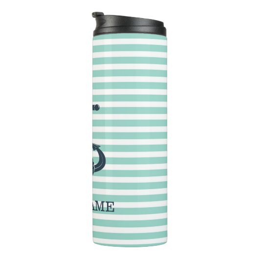 Nautisch, Anker, Mint Green Stripes Thermosbeker (Geroteerd rechts)