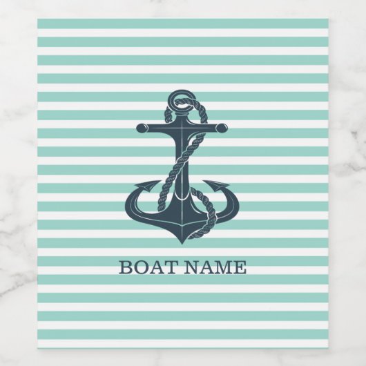 Nautisch, Anker, Mint Green Stripes Wijn Etiket (Enkel label)