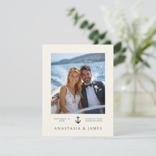 Nautisch Anker Modern Marine Blauw Foto Bruiloft Bedankkaart (Staand voorkant)