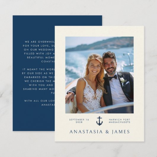 Nautisch Anker Modern Marine Blauw Foto Bruiloft Bedankkaart (Voorkant / Achterkant)