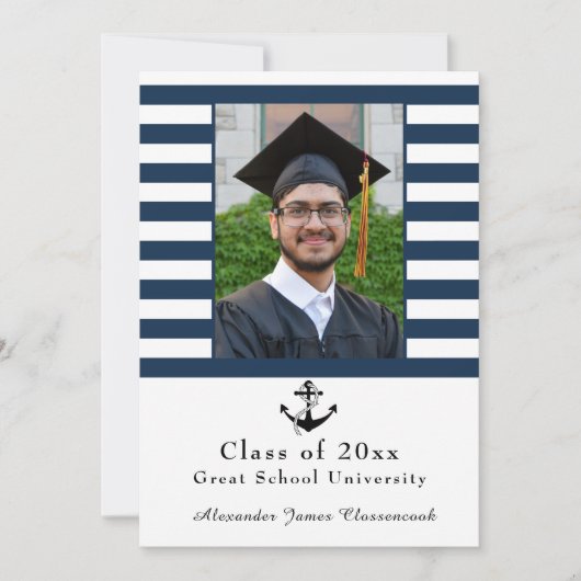 Nautisch anker Modern Navy Witte streep afstuderen Aankondiging (Voorkant)