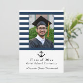 Nautisch anker Modern Navy Witte streep afstuderen Aankondiging (Staand voorkant)