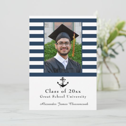 Nautisch anker Modern Navy Witte streep afstuderen Aankondiging (Staand voorkant)