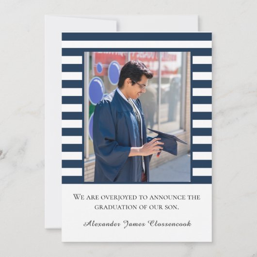 Nautisch anker Modern Navy Witte streep afstuderen Aankondiging (Achterkant)