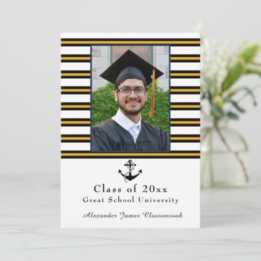 Nautisch Anker Modern zwart geel Afstuderen Aankondiging (Staand voorkant)