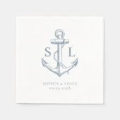 Nautisch Anker Monogram Huwelijk Dusty Blue Servet (Voorkant)