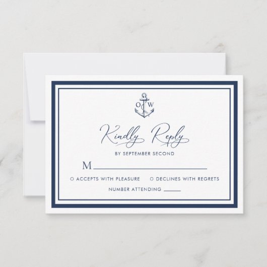 Nautisch Anker Monogram Marine Bruiloft RSVP Kaartje (Voorkant)