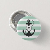 Nautisch anker monogram met lichtgroene strepen ronde button 3,2 cm (Voorkant /achterkant)