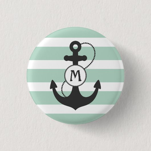 Nautisch anker monogram met lichtgroene strepen ronde button 3,2 cm (Voorkant)