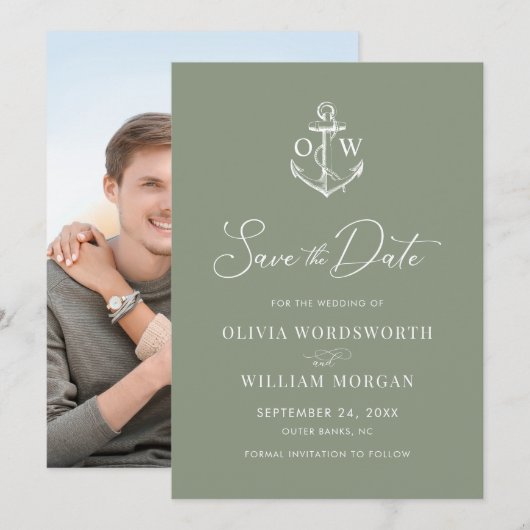 Nautisch Anker Monogram Sage Green Wedding Save The Date (Voorkant / Achterkant)