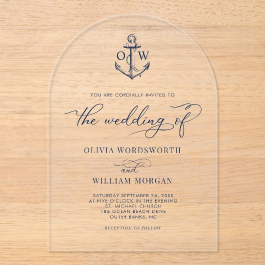 Nautisch Anker Monogram Trouwboog Acryl Uitnodigingen (Voorkant)